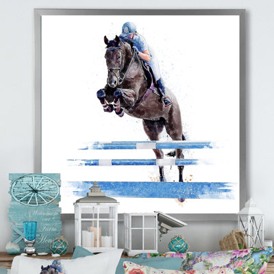 «Jockey» sautant sur un cheval noir - œuvre d'art sur toile
