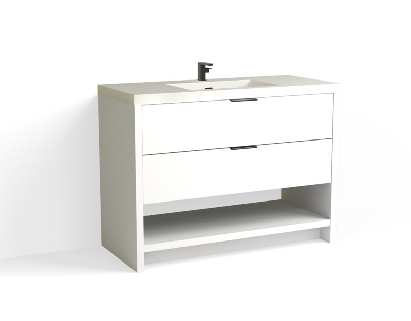 Vue 48" W Freestanding Single Bathroom Vanity, White Nanomatte, Glossy White/Single, Matte Black