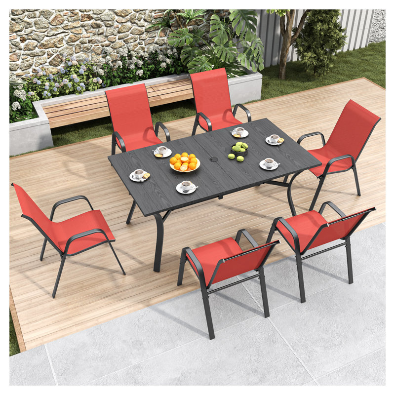 Ensemble de chaises de salle à manger d'extérieur 6 pièces avec sièges ergonomiques, structure en fer résistant à la rouille, noir et rouge