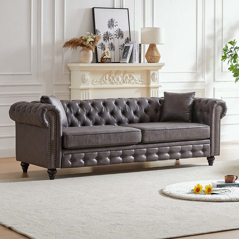 Canapé 3 places avec boutons et 2 coussins, Gris