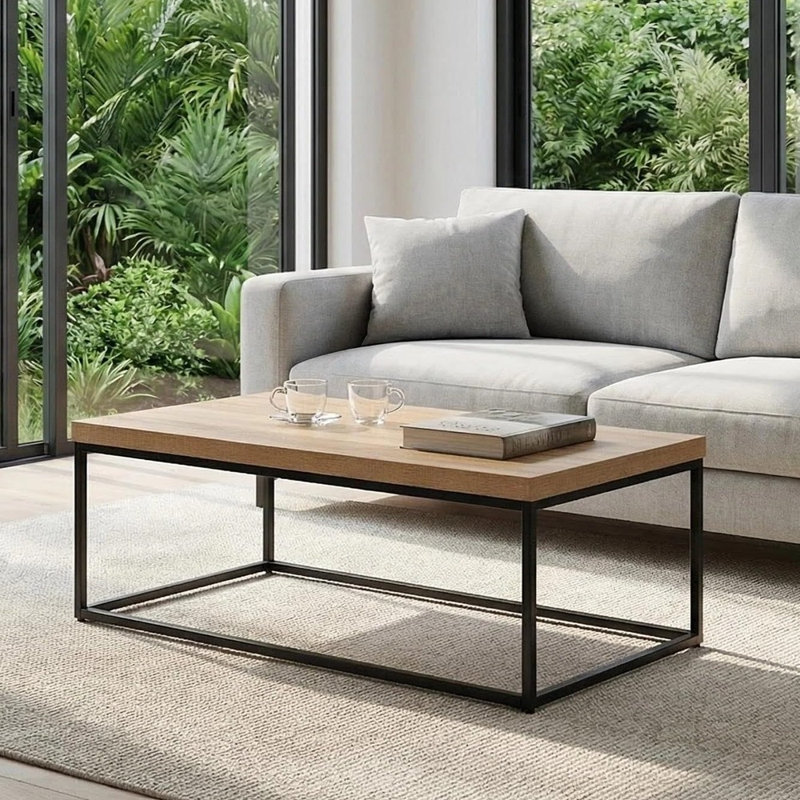 Table basse en chêne naturel, table basse industrielle moderne en bois et métal