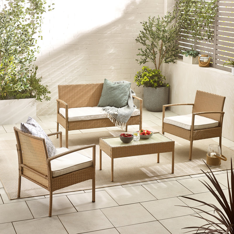 Kellsey Outdoor 4 Seat PE Rattan Sofa Chairs and Coffee Table Set - Garden & Patios (Cover Included), Beige
