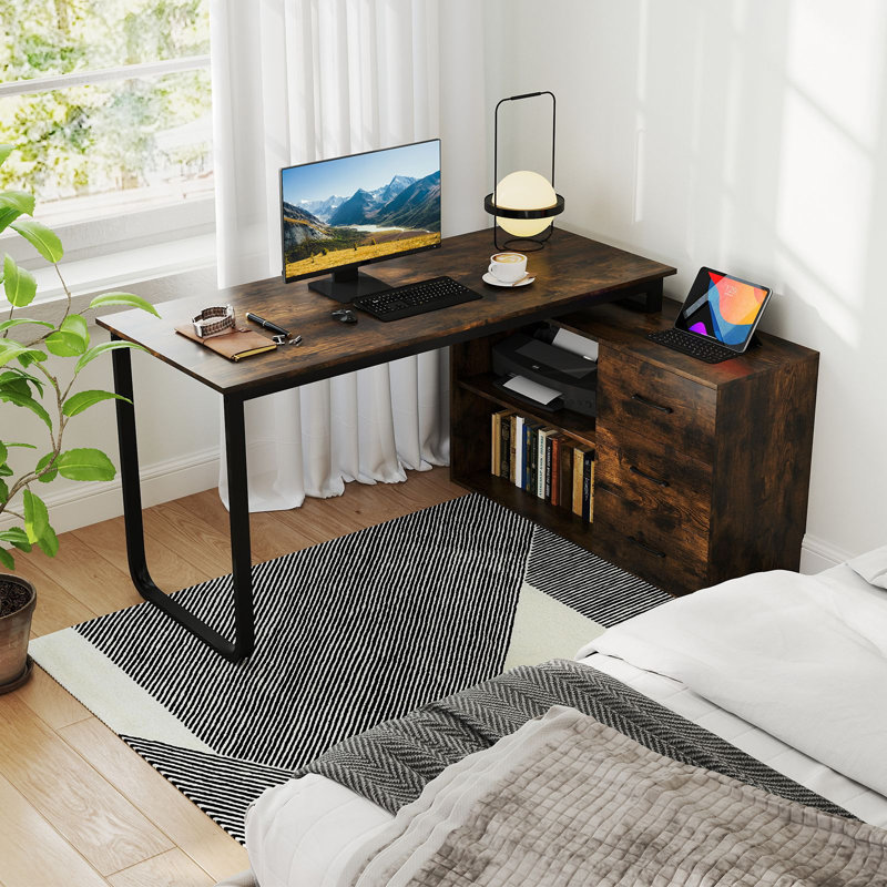 L-Shaped Metal Base Computer Desk, Brown