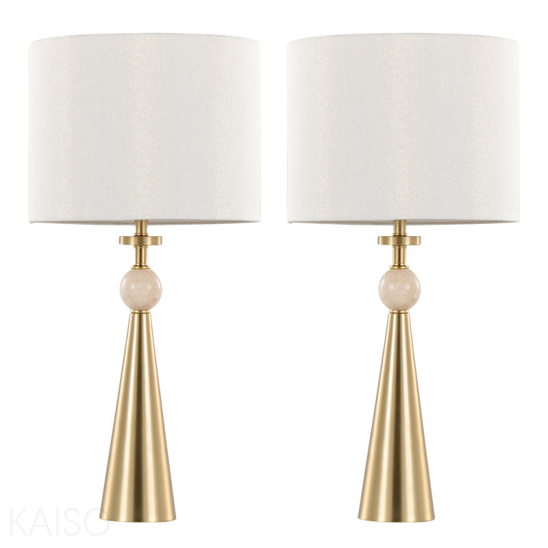 Lampe de table avec base en métal doré avec pierre de travertin et abat-jour chatoyant blanc - ensemble de 2, Blanc