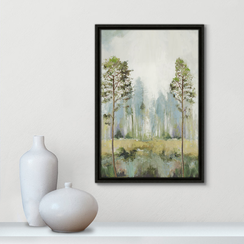 Teton Tall Green Trees II by Teton Pearce - Floater Frame Print on Canvas, 19.5" H x 13.5" W, Black