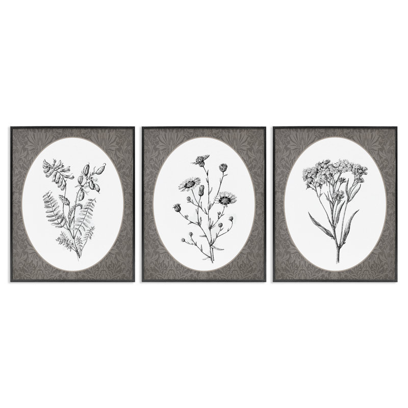 Ensemble de 3 giclées encadrées, ensemble de fleurs rétro, H 14 po x l 33 po, Giclée encadrée noir minuit