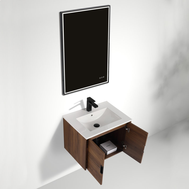 Leonia 24" Wall-Mounted Bathroom Vanity with Sink – Floating Wooden Vanity Cabinet with Ceramic Basin, Soft-Close Doors & Ample Storage