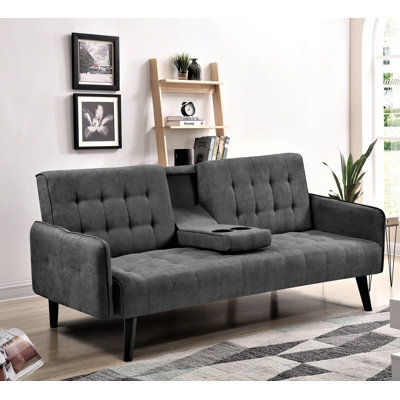 72" Sleeper Sofa Bed - Convertible Folding Backrest To Full Bed With Cup Holder & Drop-Down Table - Space Saving Linen Sofa For Small Spaces - Easy Assembly, Dark Grey