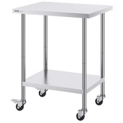 Table de travail en acier inoxydable, hauteur de 38 pouces, tablette réglable, roulettes incluses