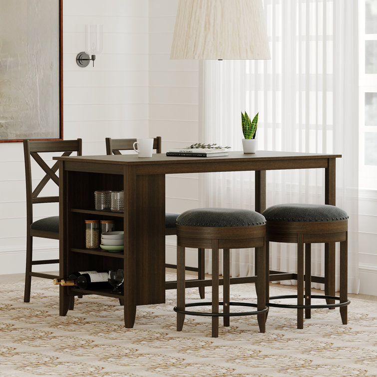 Vicissitudes Solid Wood & Mdf Walnut Bar Sets(Long Bar Table & Barstools(Set Of 2) & Swivel Barstools(Set Of 2))
