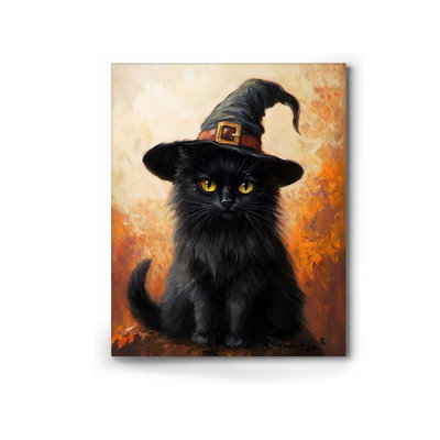 ART Halloween Canvas Wall Decor, Black Cat with Witch Hat Oil Painting Print Wall Canvas Mystical Gothic Dark Academia Vintage Poster Artwork for Family Bedroom Decor 8x10inch