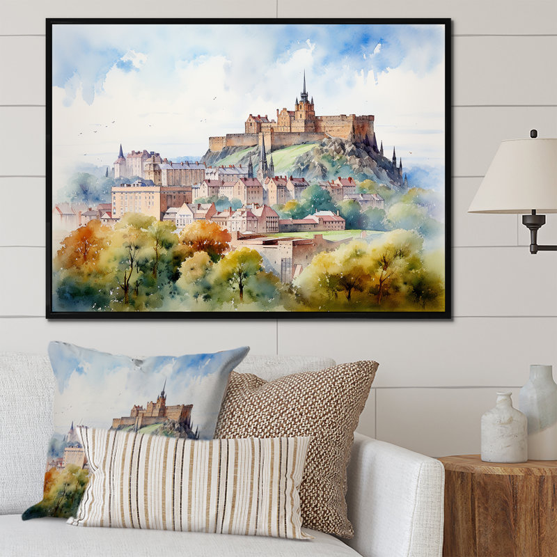 Art mural forteresse médiévale en Angleterre II, Cadre flottant noir, H 24 po x l 32 po x P 1 po