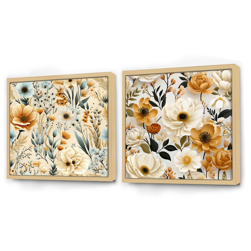 Ensemble de 2 carrés floraux beiges rustiques, Cadre flottant brun, H 36 po x l 73 po