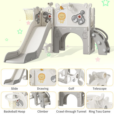 Aire de jeu intérieure 12 en 1 pour tout-petits, toboggan multifonctionnel pour enfants de 1 à 3 ans, avec planche à dessin, panier de basketball, anneau de jeu, jeu de golf et espace de rangement