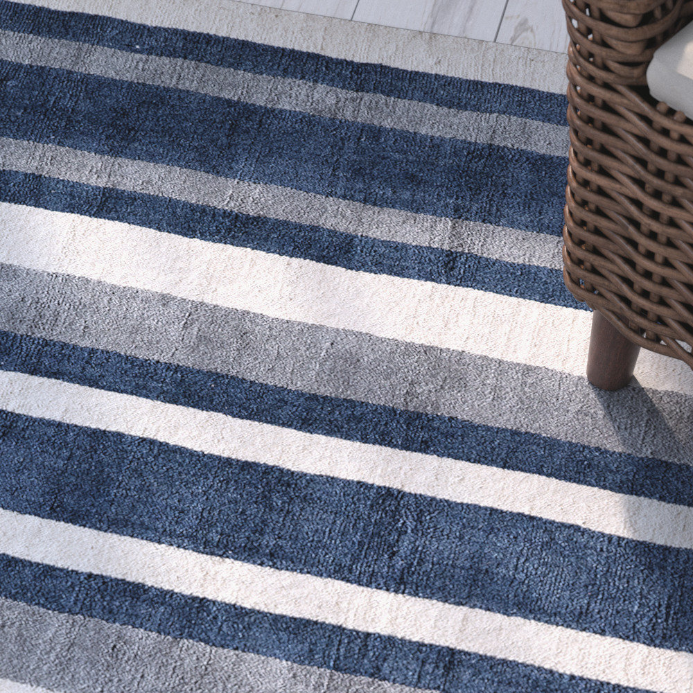 Winston Navy Ivory Hand-Tufted Wool Striped Rug, Rectangle 5' x 8'