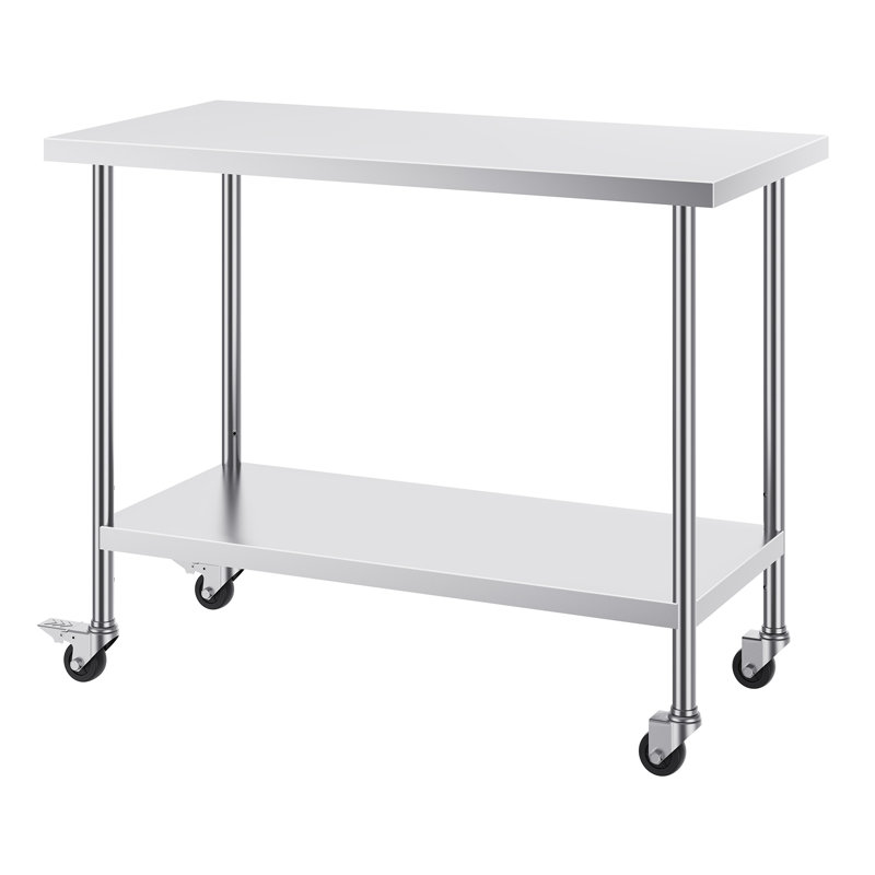 Table de travail en acier inoxydable 24 x 48 pouces avec 4 roulettes et tablette réglable