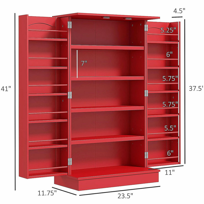 Armoire de cuisine autoportante de 41 pouces avec 12 portes, 5 portes doubles et 5 tablettes réglables HOMcom, rouge, Rouge