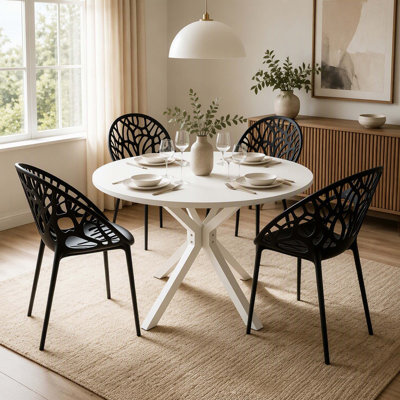 Table à piédestal moderne de 42 pouces de style Mid-Century, table de salle à manger multifonctionnelle à pieds croisés pour 4 à 6 personnes et grande table basse, plateau en panneau de fibres à densité moyenne blanc pour le salon, la cuisine et l