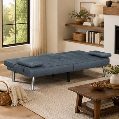 Fabric Upholstered Convertible Futon Sofa Bed with USB Ports and Drop-Down Cupholders for Living Room