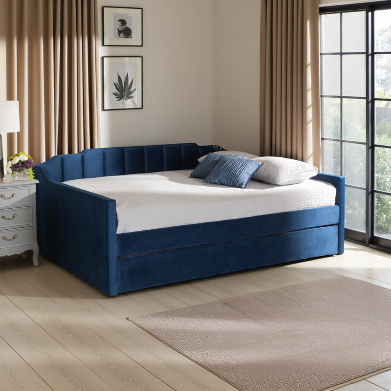 Marlee Modern Full Size Velvet Fabric Daybed in Blue, 34.71'' H X 81.50'' L X 57.72'' W  , Blue, Full