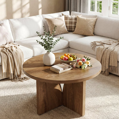 Round Coffee Table, 31.5-Inch Modern Wooden Center Table with Sturdy Base for Living Room, Apartment, and Small Spaces, Oak