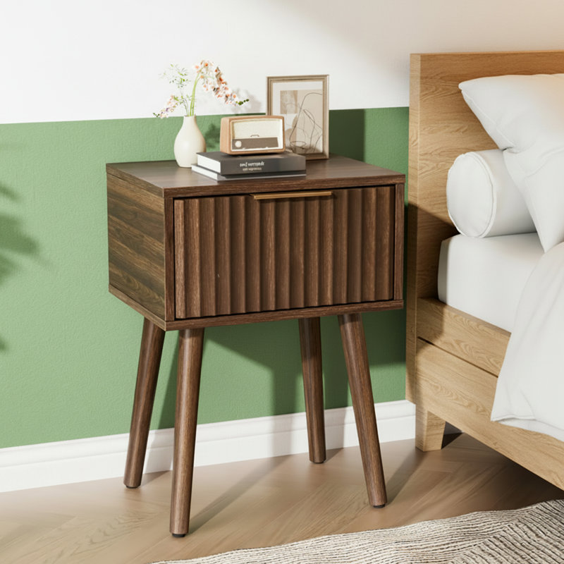 15.7" W Nightstand, Particleboard & MDF, Melamine & Vacuum Forming, 1 Drawer, High Leg (2 Pcs), Walnut