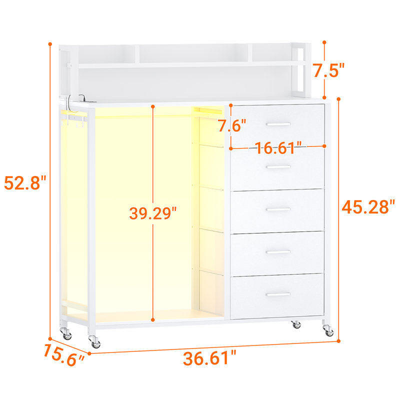 Commode 5 tiroirs avec station de charge et lumières DEL Jeremyiah, tablettes de rangement, Blanc