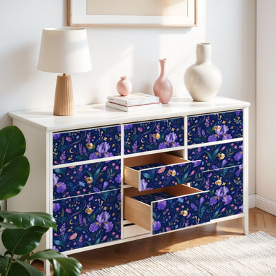 Papier peint auto-adhésif à peler et coller mauve, motif floral, rose, étoiles de lune, auto-adhésif et amovible 17,7 po x 118 po (45 x 300 cm)