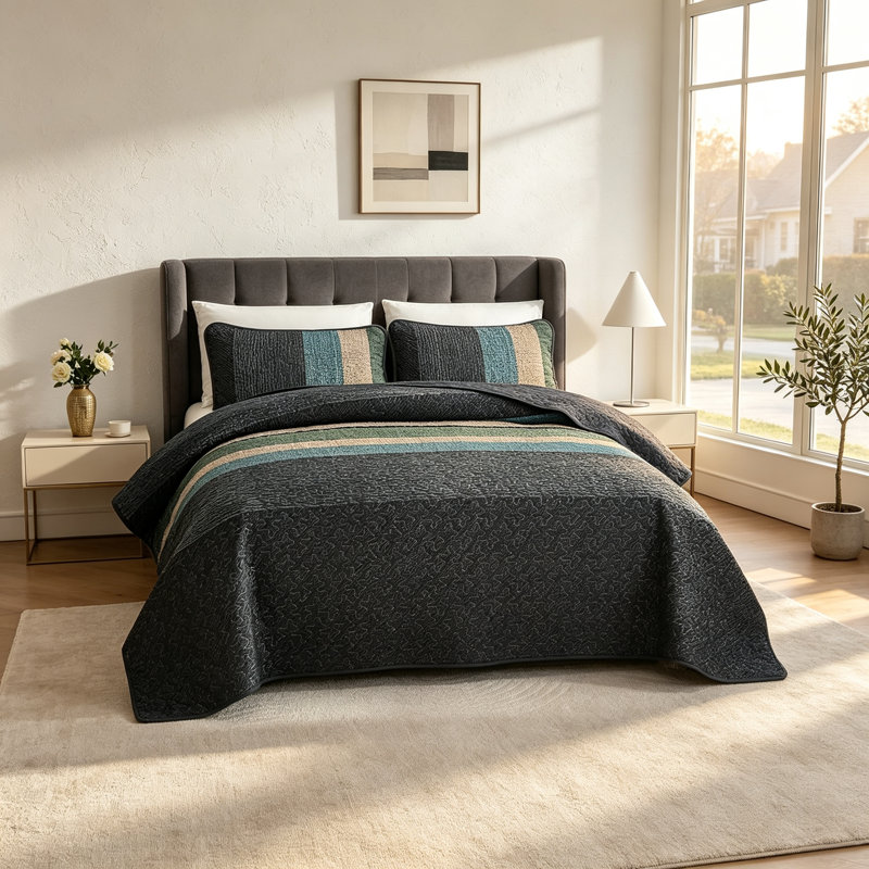 Ensemble de couette vert foncé, couvre-lit rayé bohème 3 pièces, format king, Très grand lit, Vert foncé