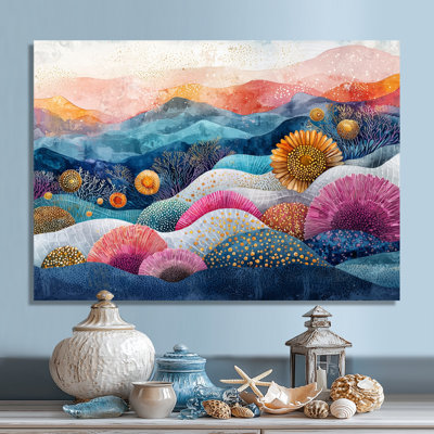 Oursin coloré dans le paysage de corail I - oursin en métal, reproduction d'art moderne sur métal