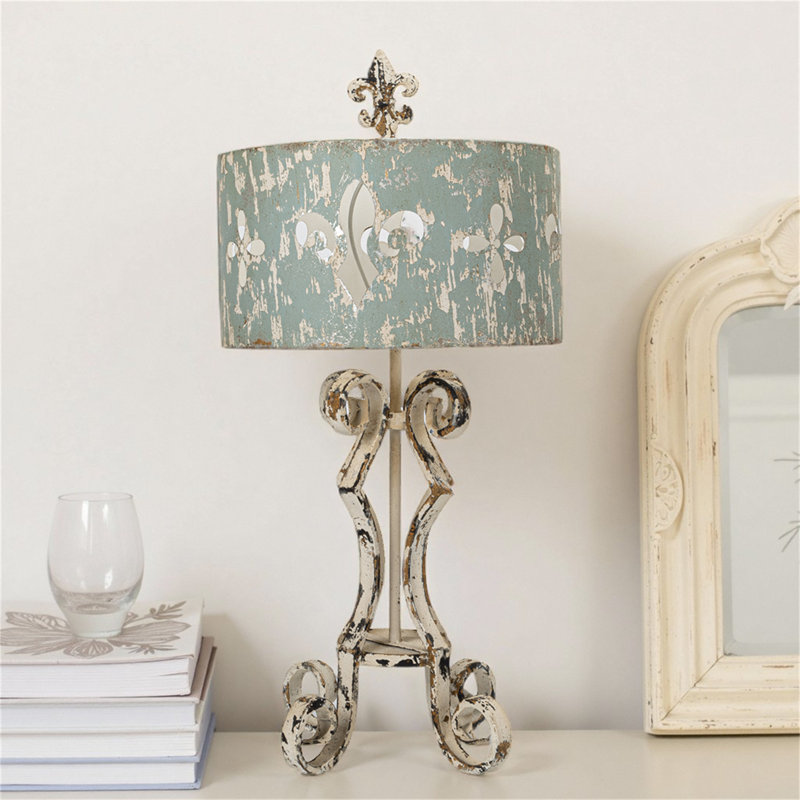 Lampe de table chic avec motif vieilli et abat-jour bleu décoratif rustique