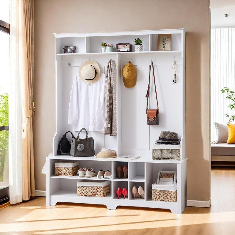 Lark Manor™ Modern 4-In-1 Hall Tree With 6 Coat Rack And Shoe Cubbies ...