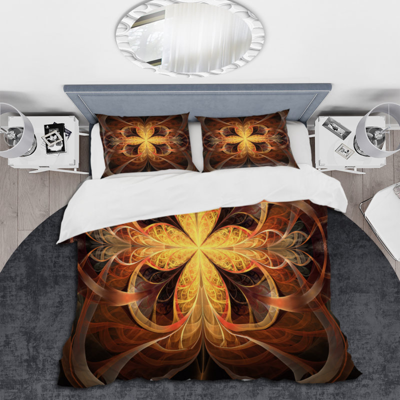 Orange fleur fractale - ensemble de housse de couette moderne - microfibre de polyester
