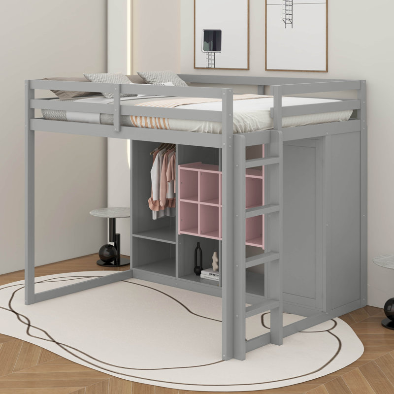 Full Size Wood Loft Bed With Wardrobe, Shelves And Cabinet, Gray/Pink