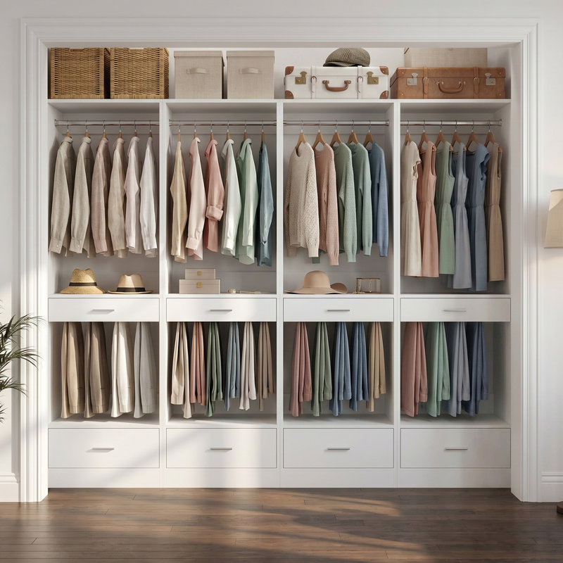 Système d'organisation 94,4 po avec zone de suspension, support à pantalons et tiroir, Blanc