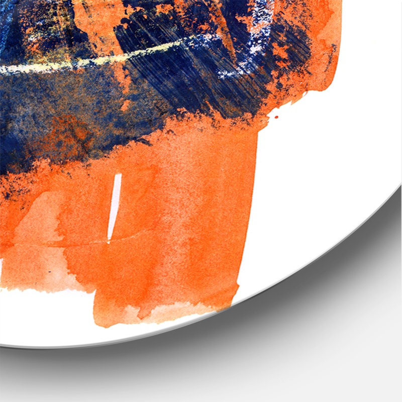 Orange et bleu marine abstrait - art mural moderne en cercle métallique, H 23 po x l 23 po x p 1 po