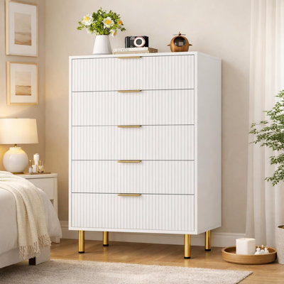 Commode cannelée à 5 tiroirs - 27 po de largeur, résistante à l'eau, blanche, anti-basculement