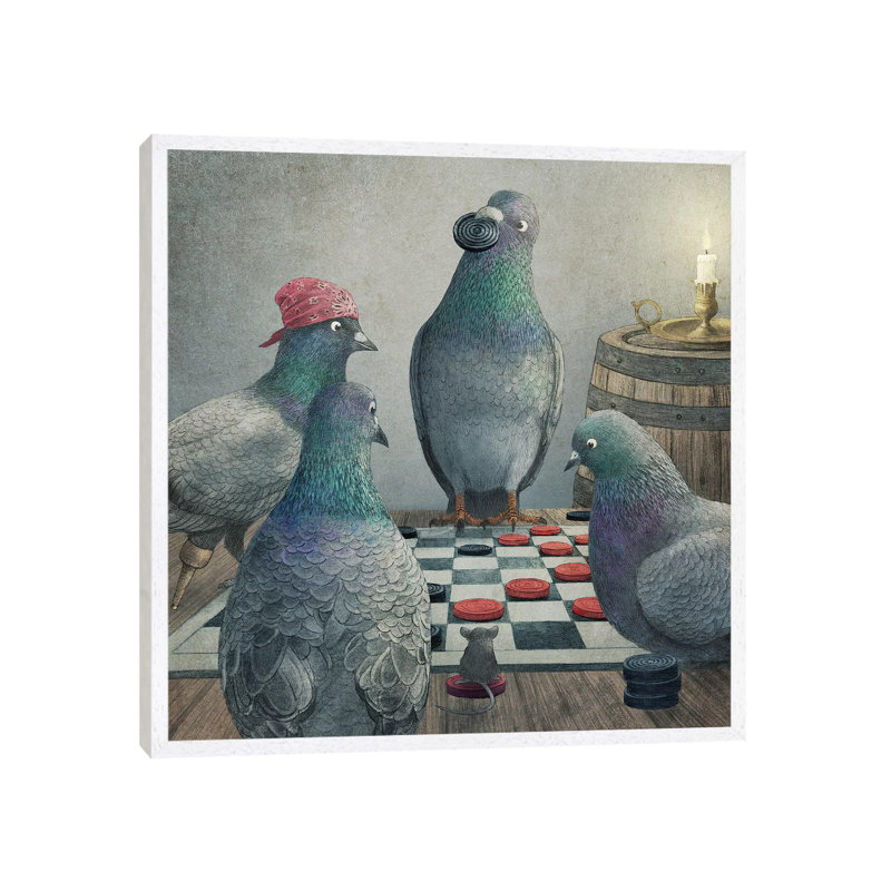 Checker Playing Pigeons by Terry Fan - Print on Canvas, White Framed, 66.04 cm H x 66.04 cm W