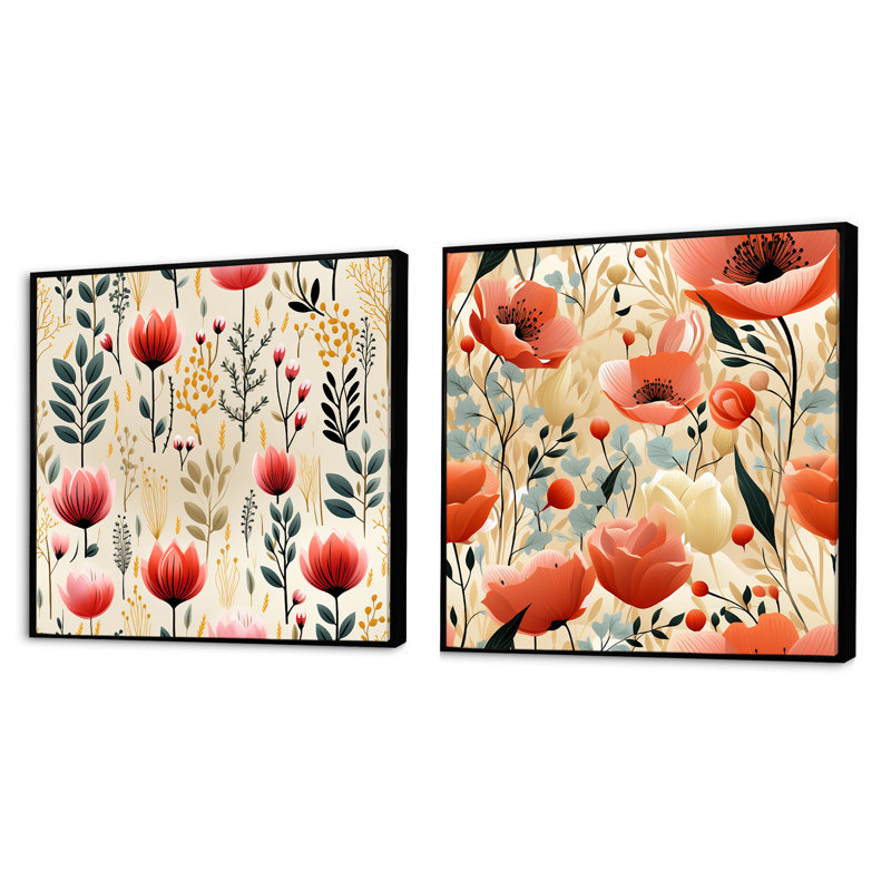 Blythe - Ensemble de 2 collages carrés floraux, Cadre flottant noir, H 16 po x l 33 po