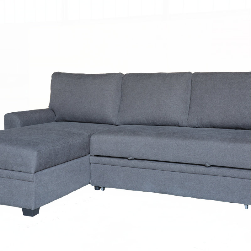 Flannel Fabric Sleeper Sectional With Left-Facing Storage Chaise, Gray Fabric