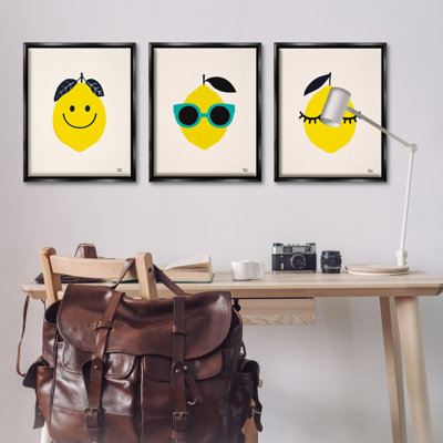 Ensemble de 3 toiles flottantes encadrées noires Hip Summer Lemon faces par Jessica Beck