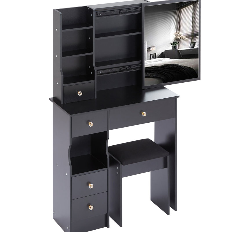 29.2" Long Vanity Table With Cushioned Stool, Extra Large Right Sliding Mirror, Multi - Layer Storage, American Design Black For Small Bedrooms