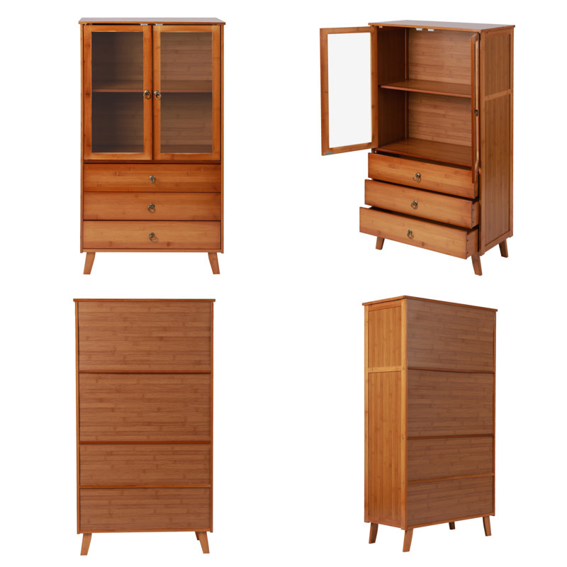 Meuble de rangement en bambou à 5 niveaux, buffet à 3 tiroirs et porte en acrylique avec pattes surélevées