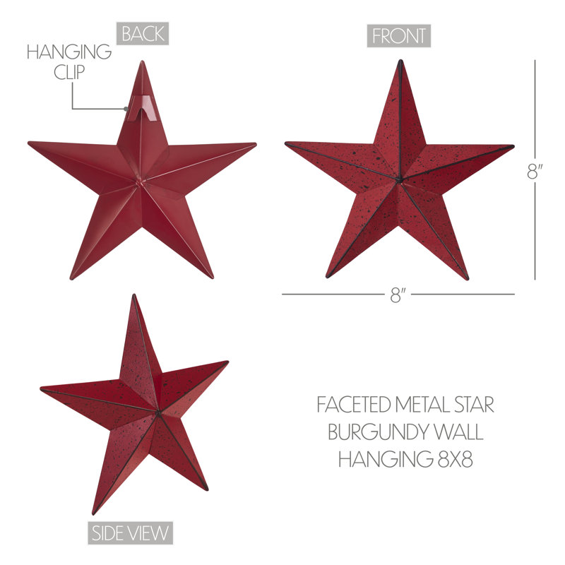  Décoration murale festive en métal étoile, Bourgogne, H 8 po x l 8 po x P 0,75 po