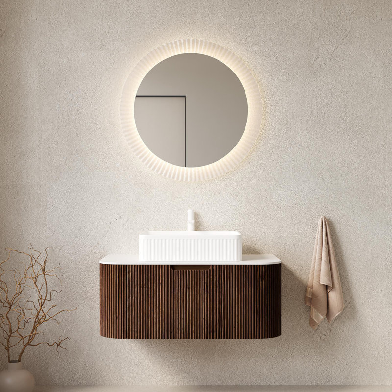 Meuble-lavabo de salle de bain 36 po avec lavabo, armoire de rangement de salle de bain à bords arrondis flottants avec tiroir, lavabo rectangulaire en céramique blanche, sans robinet, pré-assemblé