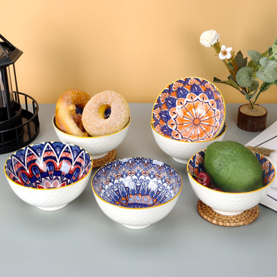 Ceramic Serving Bowls Set of 6, Bohemian Style Kitchen Tableware Small Bowls for Dipping, Rice, Cereal, Soup, Desserts, Snacks, Fruits, Salads, 10 oz/295.7 ml, Dishwasher & Microwave Safe