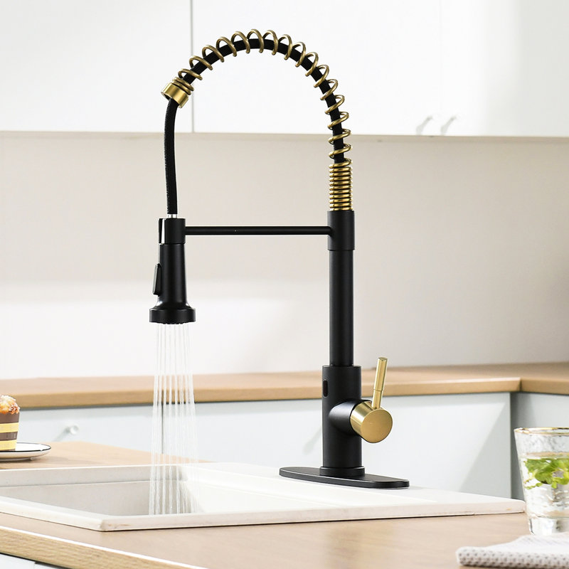 Touchless Kitchen Faucet With Pull Down Spray - Hands Automatic Smart, Black + Gold, Contemporary, Stainless Steel, Ceramic Fill Smart Touchless, , Contemporary Look, Filler