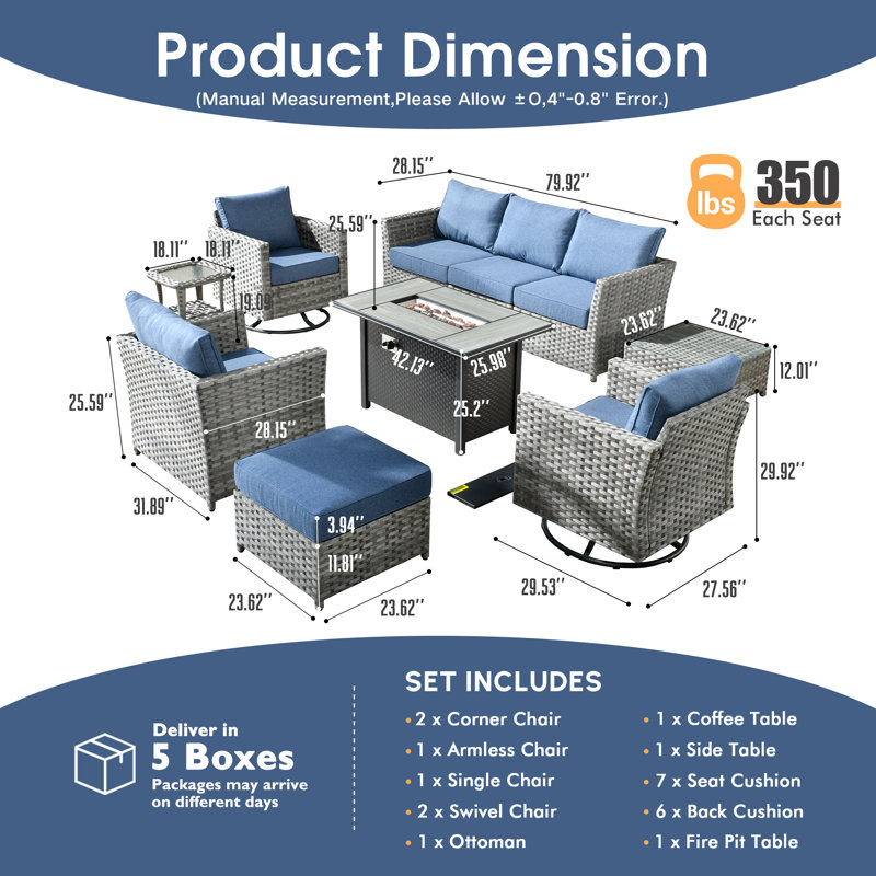 Maurey 7 - Person Patio Conversation Set with Cushions, Blue