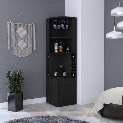 Armoire de bar 8 capacités en noir avec espace d'exposition central et tablettes de rangement ouvertes contemporaines