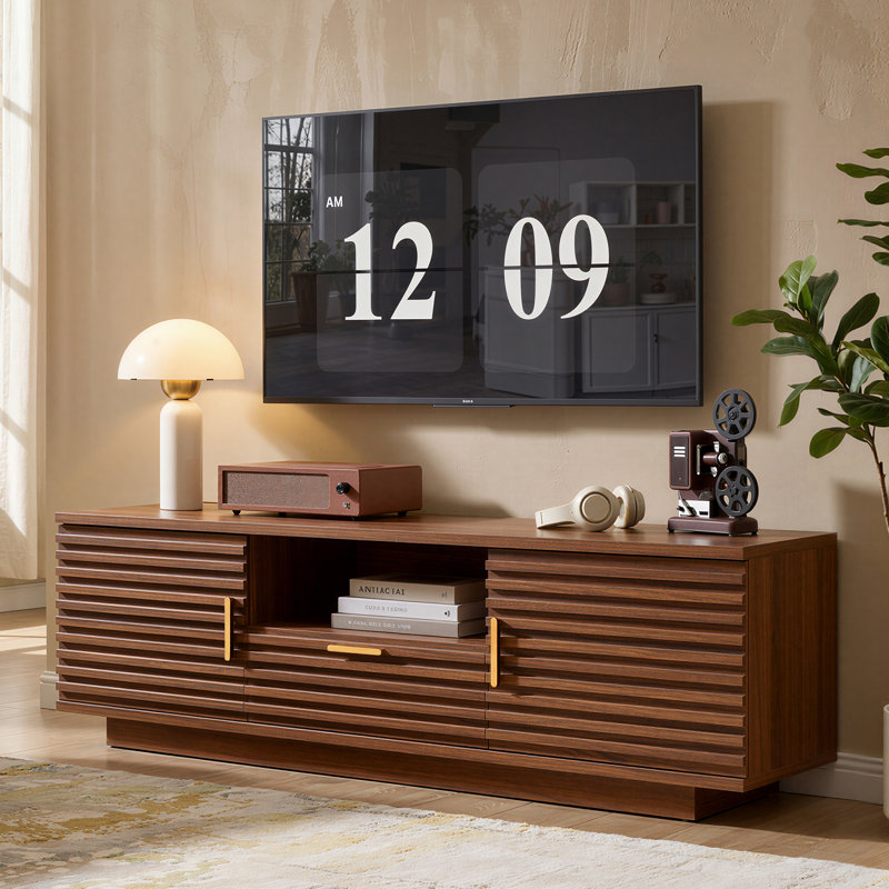 Tv Stand For Tvs Up To 65 Inch, Mid Century Modern Entertainment Center With Storage, Tv Console With Cabinet And Adjustable Shelves For Living Room, Bedroom, Brown Cherry